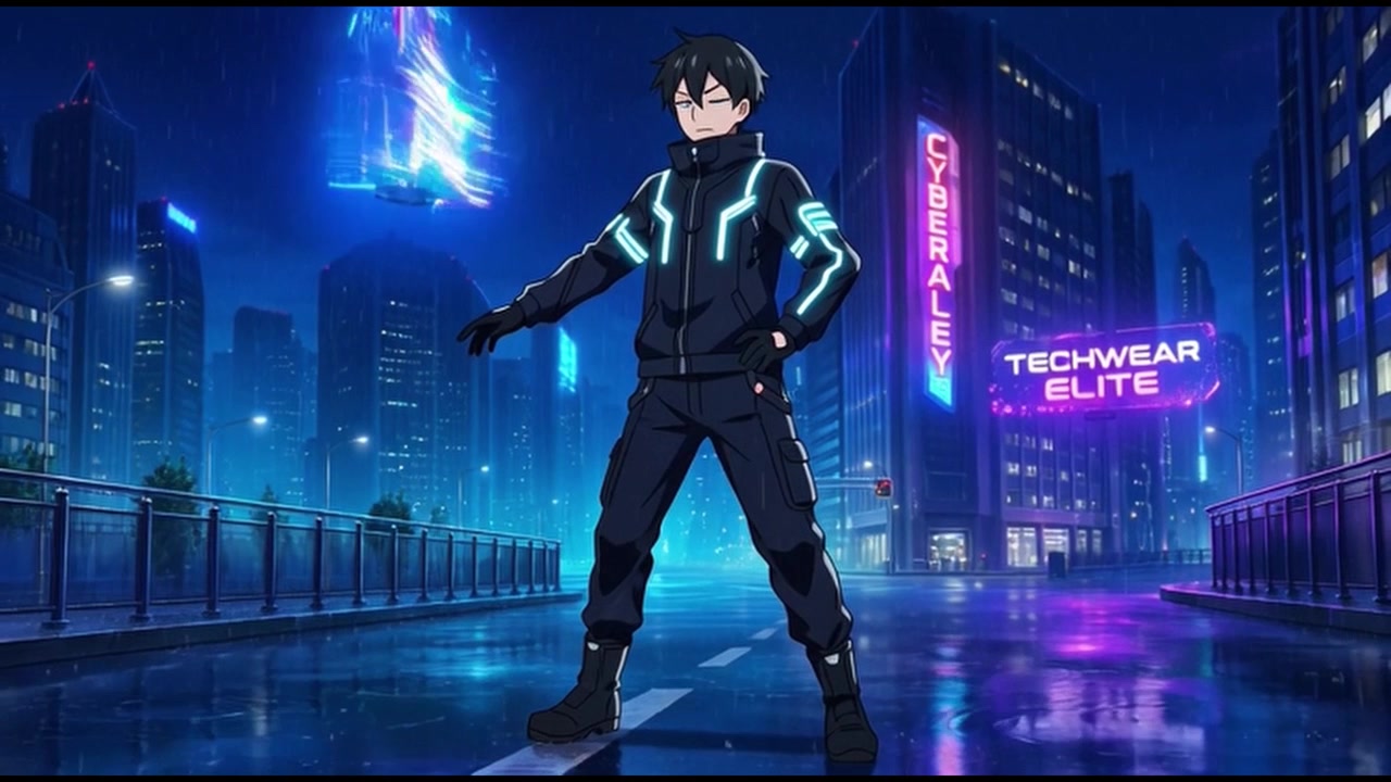 Personaggio anime in piedi in una città futuristica al neon di notte
