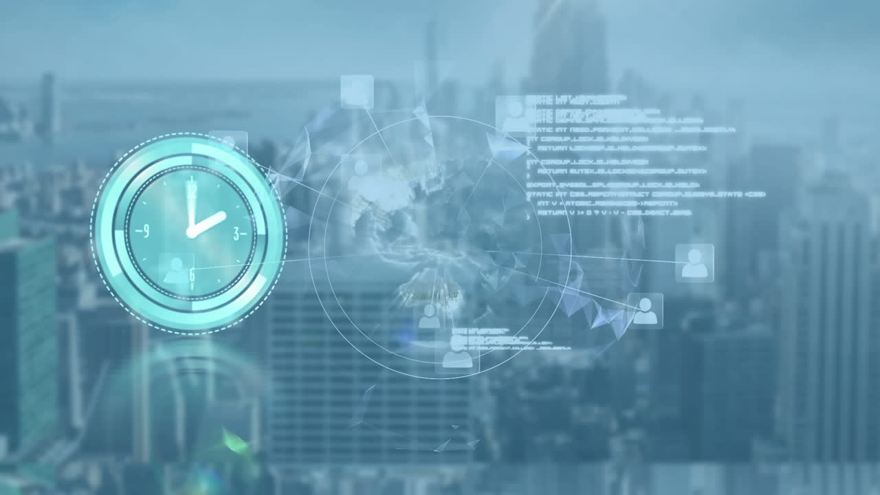 전 세계와 도시 풍경에 대한 연결 네트워크와 함께 시계의 애니메이션