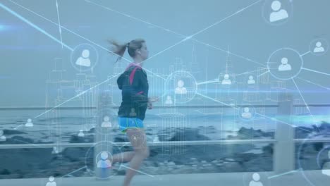 animación de la red de conexiones con iconos sobre la mujer caucásica corriendo