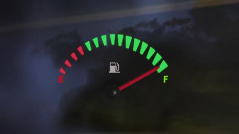 animation of petrol car gauge data processing over black background