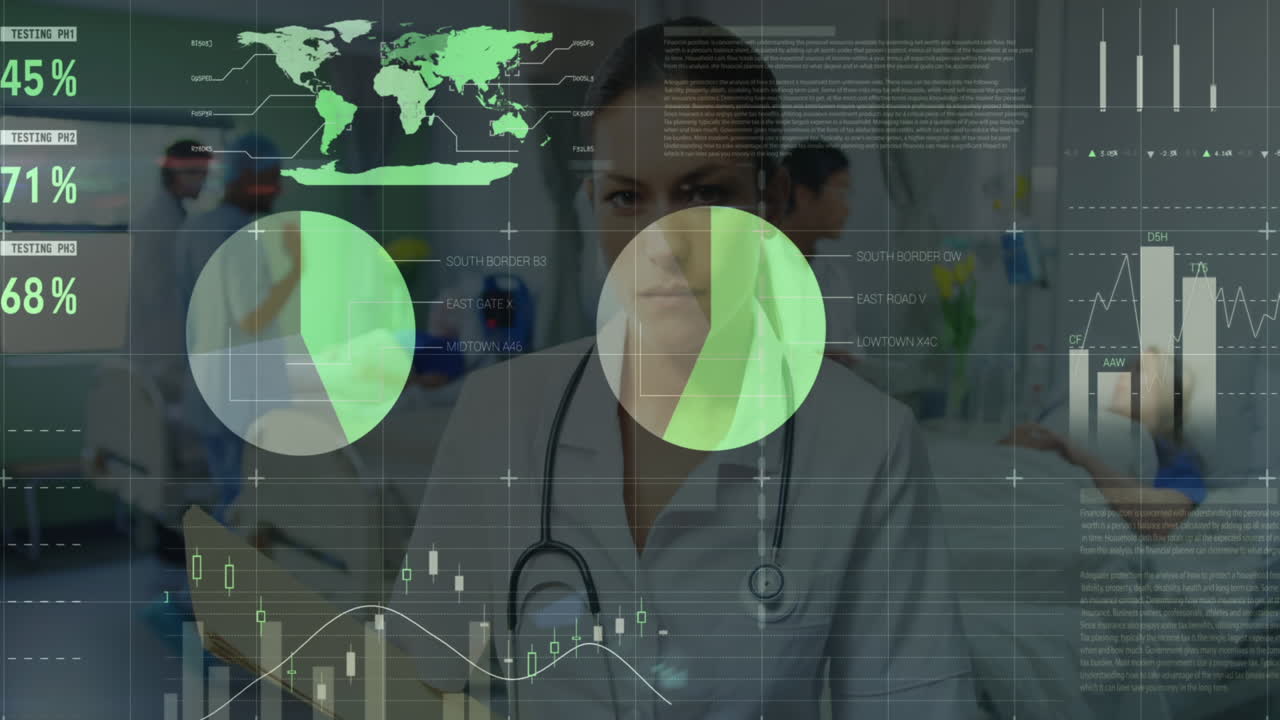 animación de la interfaz infográfica sobre la doctora caucásica de pie en el teatro de operaciones