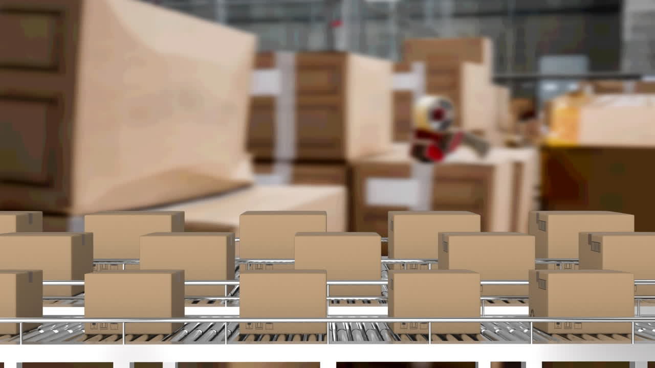 창고 위에서 컨베이어 벨트에 움직이는 카드보드 상자의 애니메이션