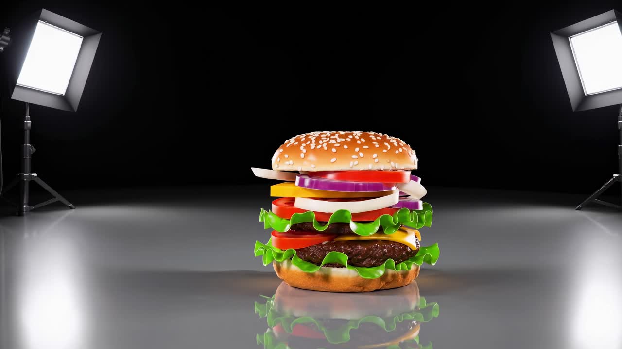 Delicious cheeseburger with all its ingredients is rotating under two studio lights, creating a visually appealing presentation of fast food