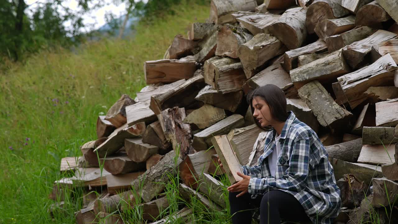 женщина сидит рядом с кучей дров