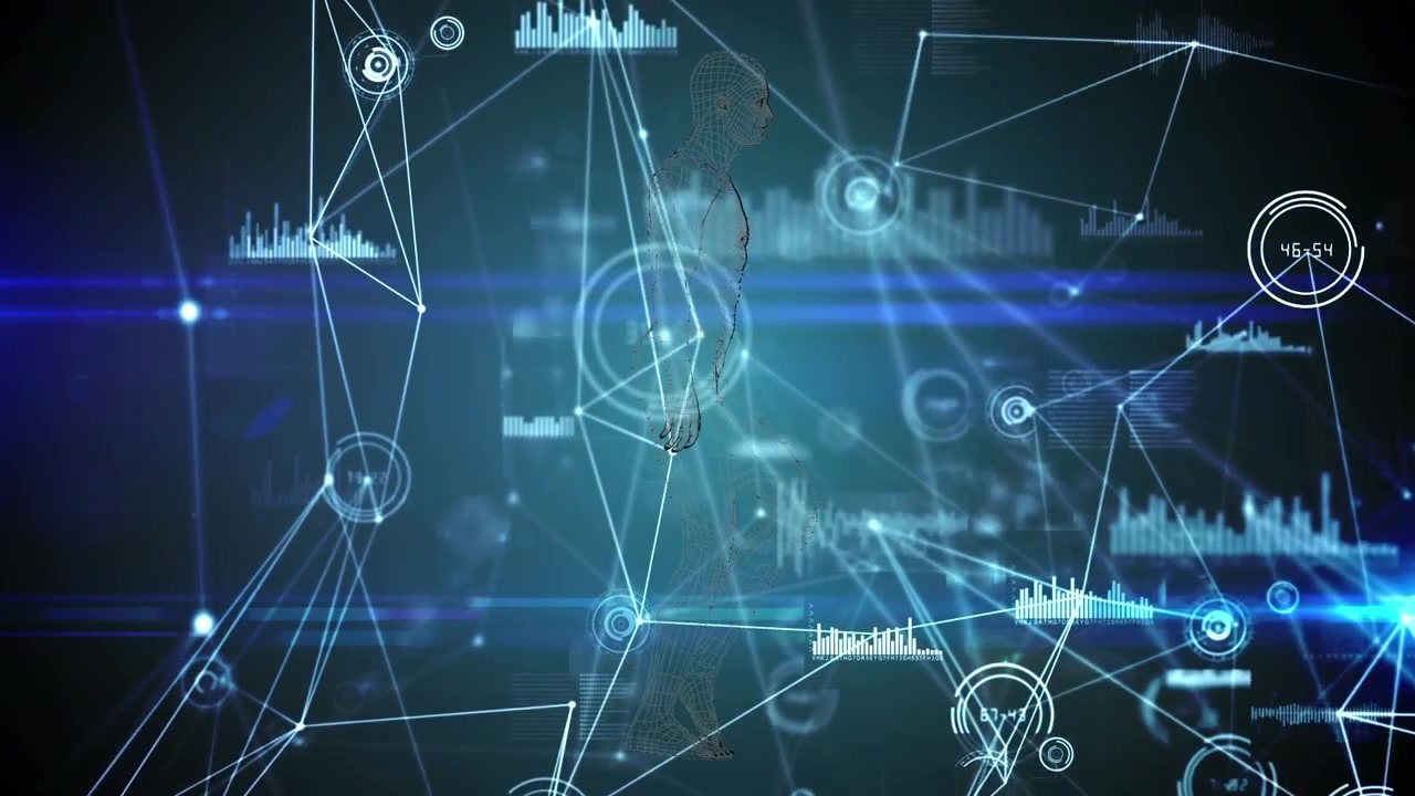 Animation of network of connections and data processing over dark background