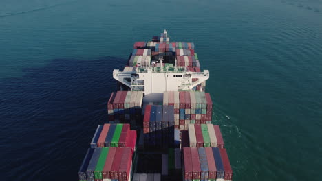 aerial top view of a loaded container cargo vessel traveling over ocean