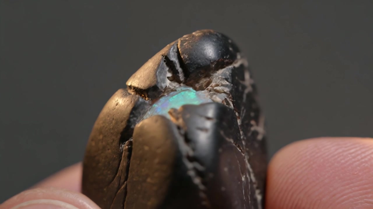 Tilting dark stone, hand revealing opal seam as light catches fracture in studio with fingers