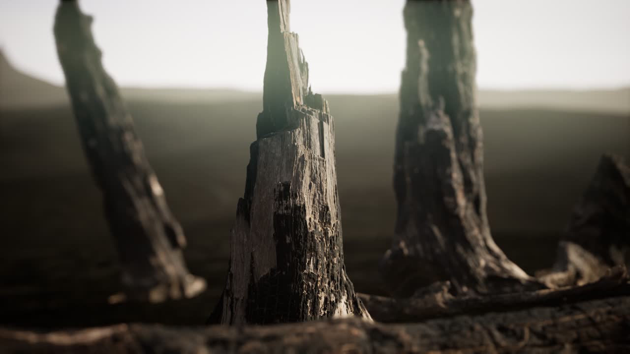 troncos y troncos después del incendio forestal