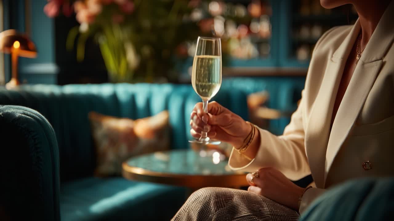 Incontro elegante: una donna alla moda si rilassa con un flûte di bevanda frizzante in un lussuoso salotto, circondata da un arredamento chic e un'illuminazione calda.