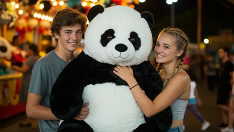 joyful moments: a young couple enjoys their time together while embracing a large panda plush toy against a colorful fairground backdrop
