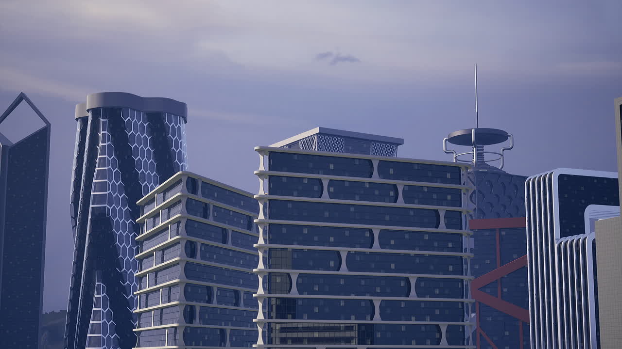 Modern architecture showcases city skyline during twilight hours