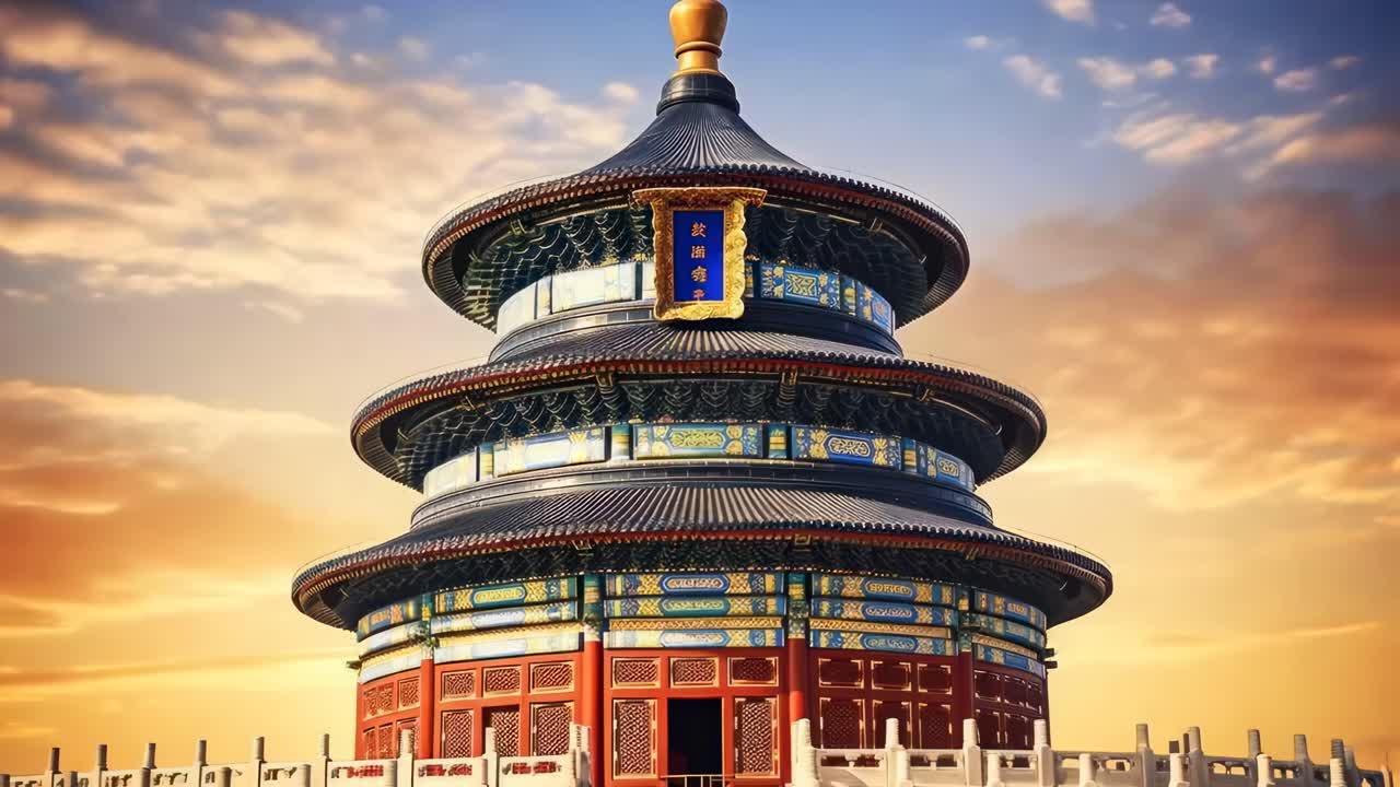 Low-angle video still of the Temple of Heaven at sunset, showcasing its intricate architecture