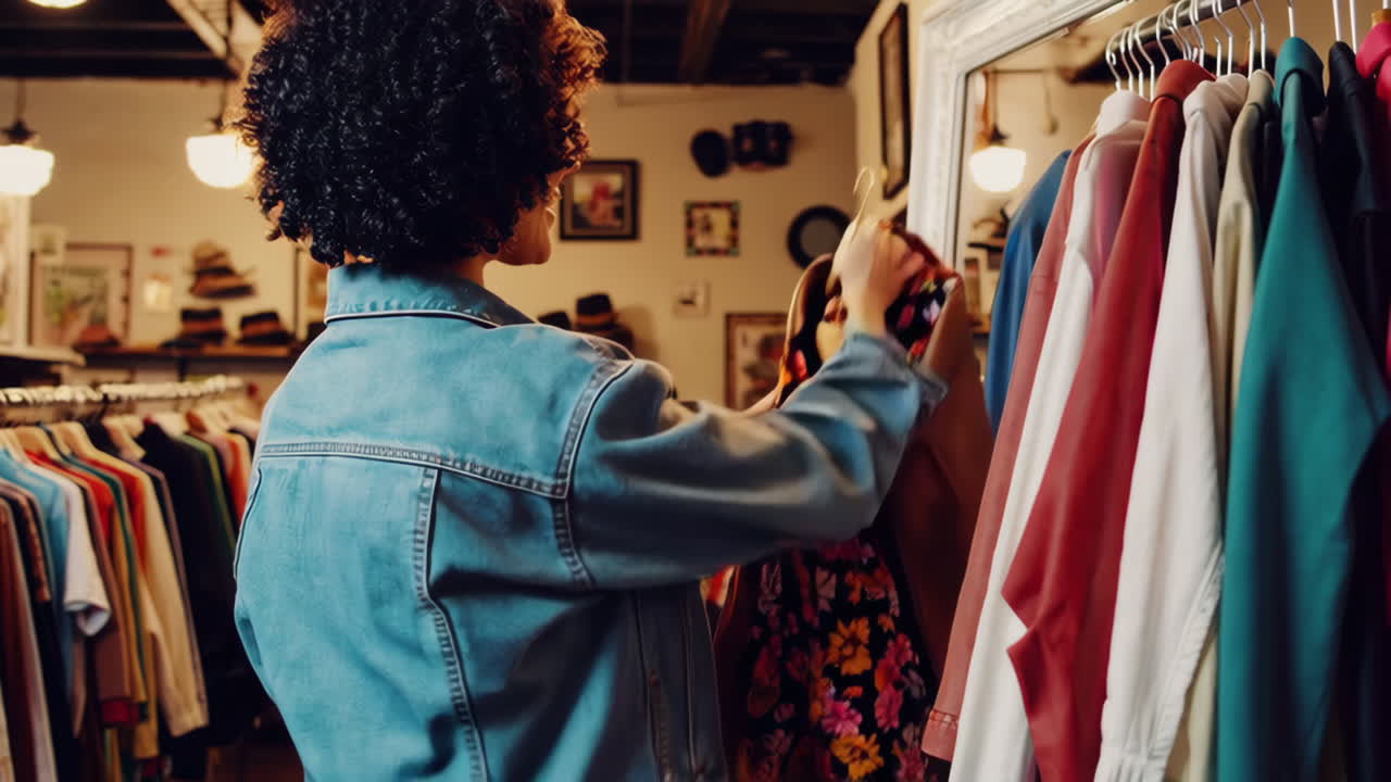 mujer comprando ropa en una tienda de ropa vintage