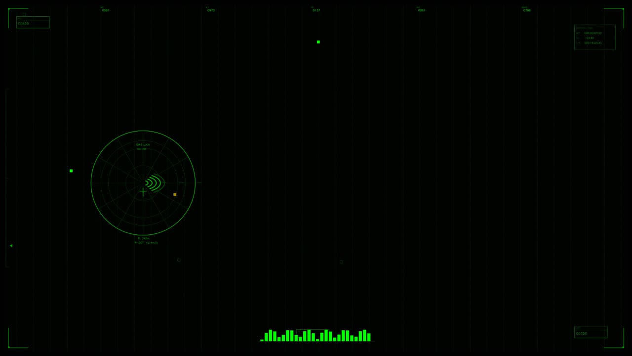 The display shows radar signals and data points for tracking objects on the battlefield. It is designed for military sci fi content. The layout emphasizes tactical information