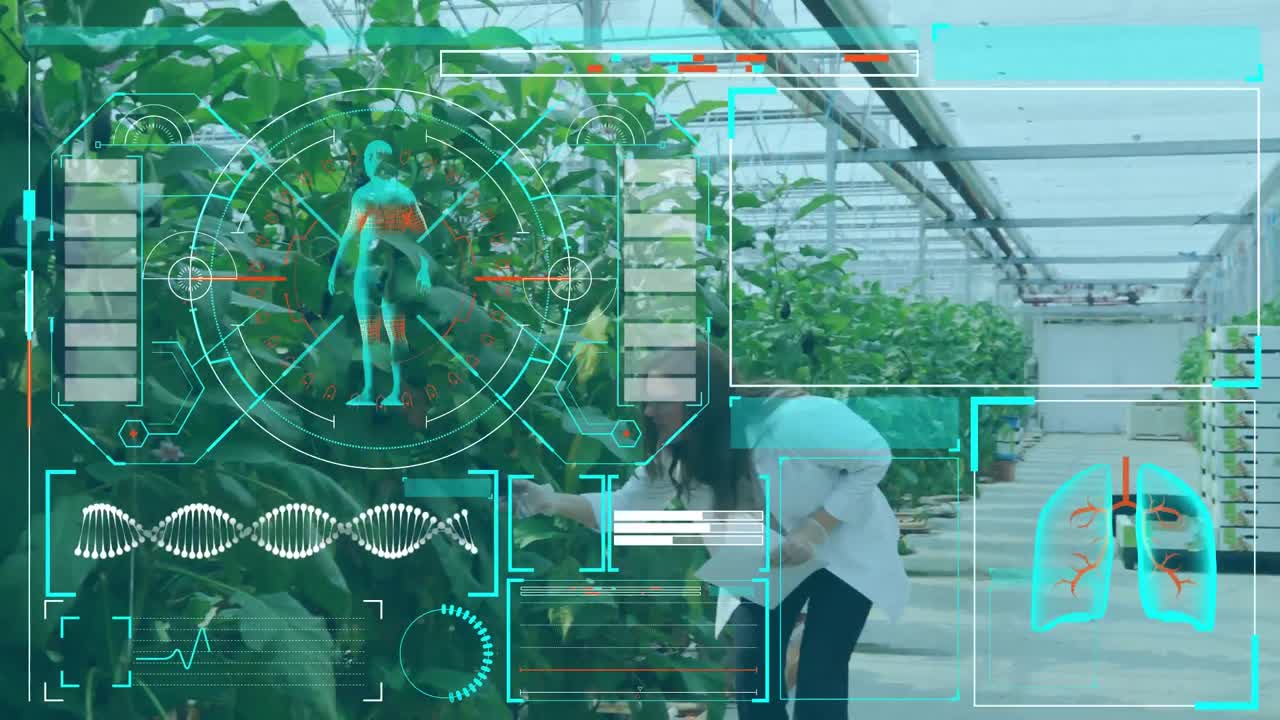 Medical interface against female scientist working in greenhouse laboratory