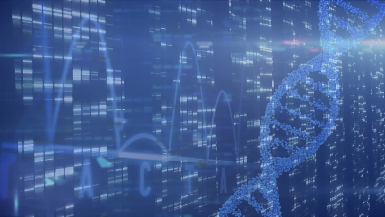 Animace DNA řetězce se zpracováním dat přes pohybující se sloupce na modrém pozadí
