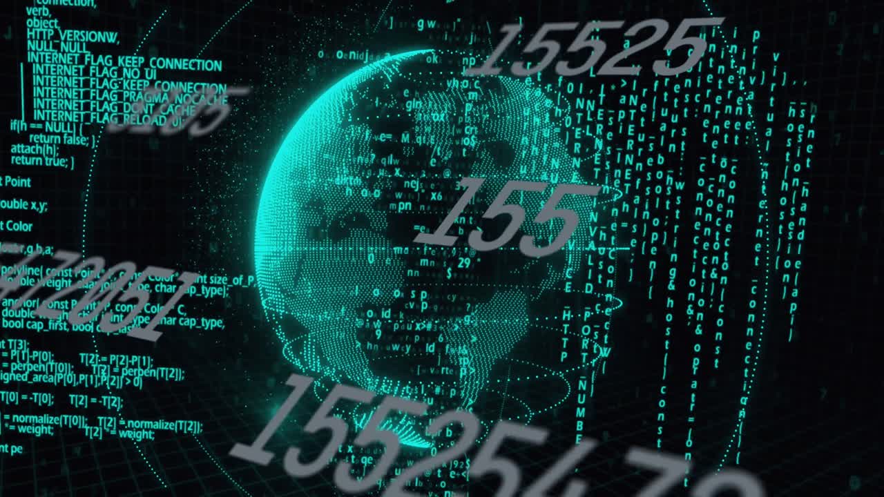 Animation of numbers, data and globe on black background