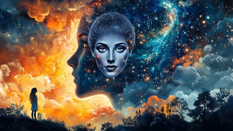 girl gazes at cosmic face in starry sky during twilight