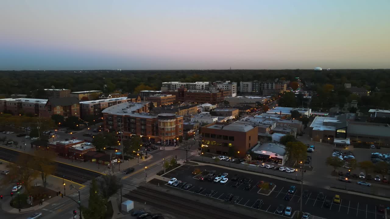 Aerial View of a Suburban Downtown Area at Dusk