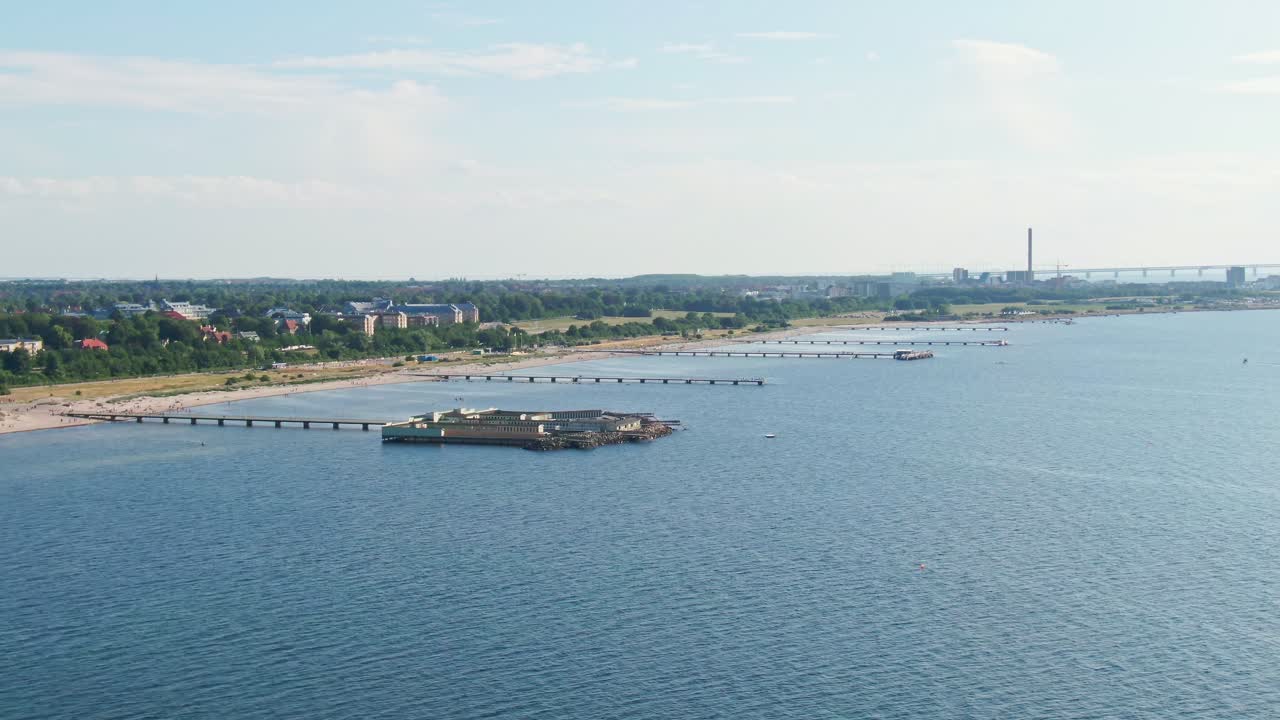 Wide aerial view of Ribersborgsstranden and the open-air bath in Malm&ouml;, Sweden