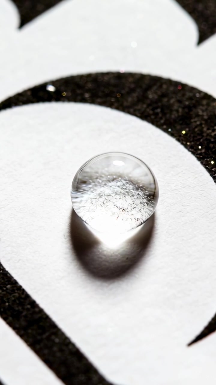 Video verticale: Goccia che reagisce alla luce, rivelando un riflesso su carta bianca con curva nera.
