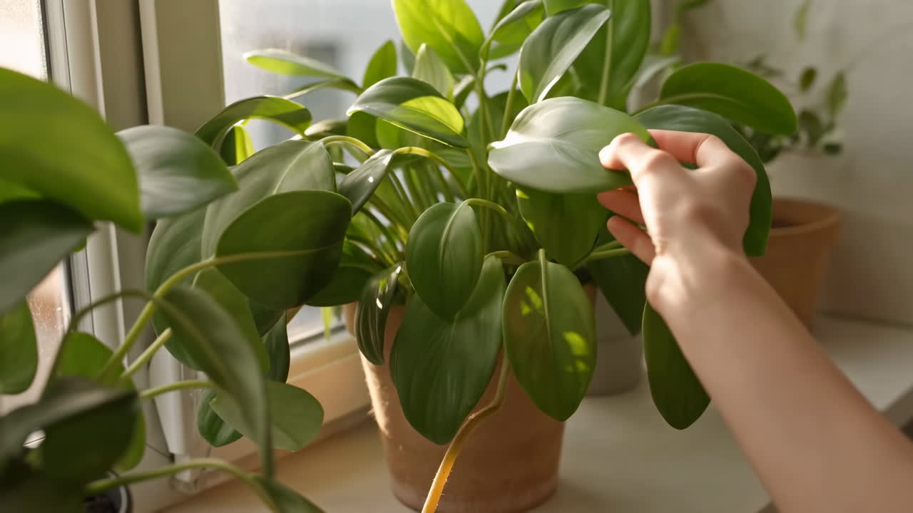 Cura di piante da interno sul davanzale illuminato dal sole, mano delicata ispeziona foglia lucida di filodendro, gesto lento e premuroso.