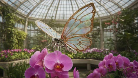 A Stunning Winged Insect Graces Vibrant Orchids in a Serene Botanical Garden Setting, Highlighting Nature&#039;s Beauty and Harmony in the Frame