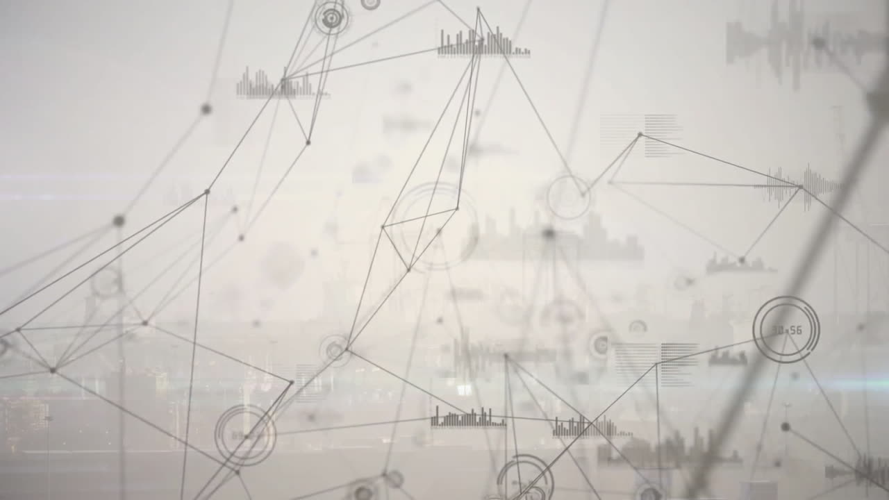 도시 풍경에 대한 연결 네트워크 및 데이터 처리 애니메이션