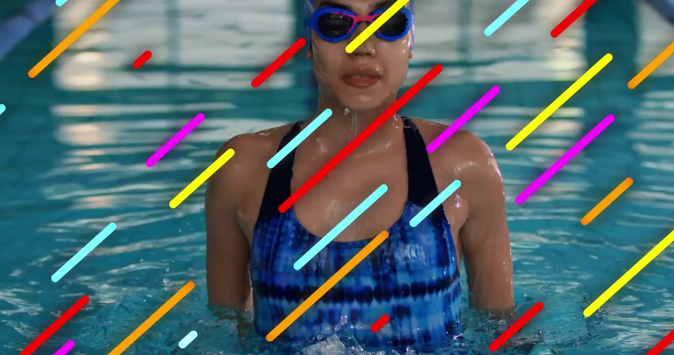Nadador emergindo de uma braçada na piscina de raias, com gráficos diagonais dinâmicos mostrando a respiração para condicionamento físico