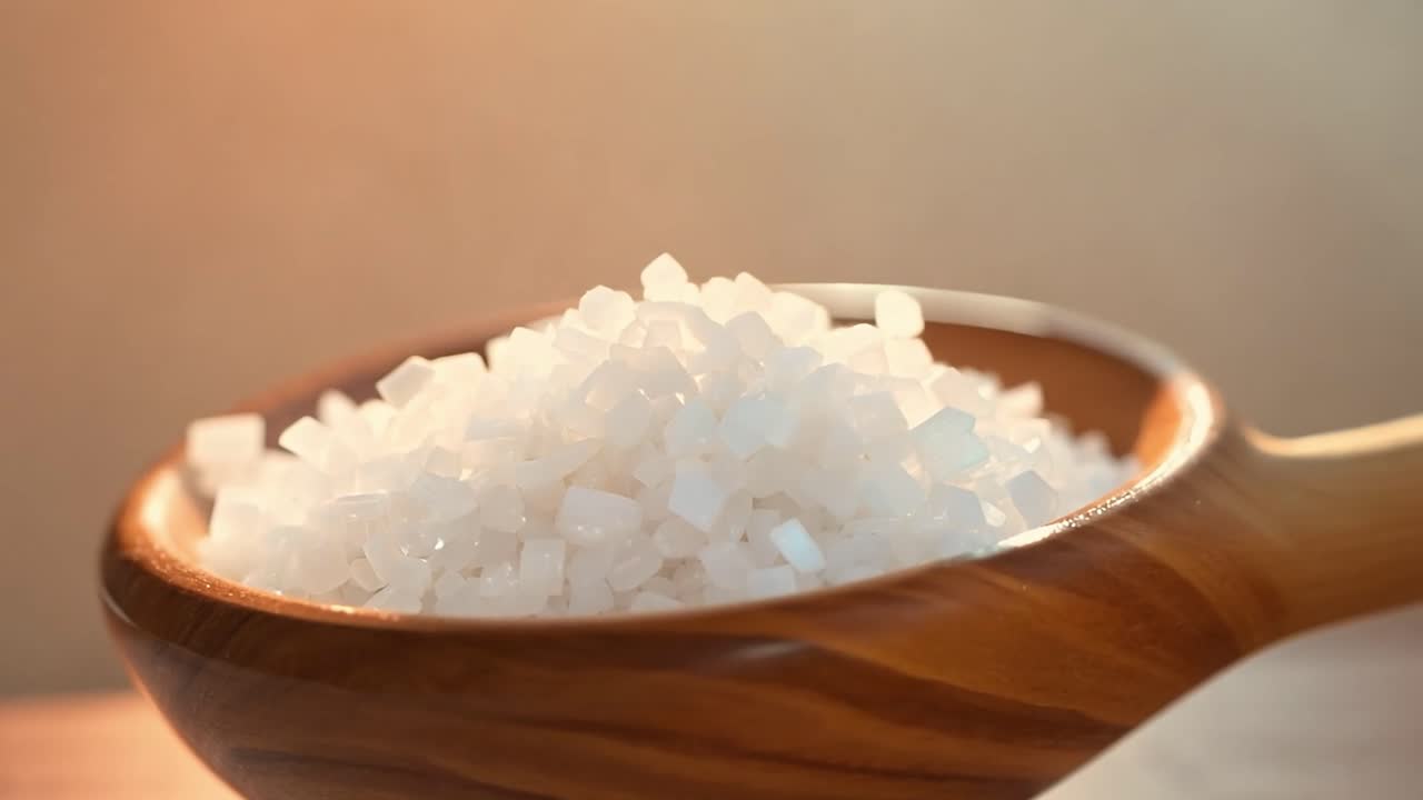 Close-up of white salt in a wooden spoon