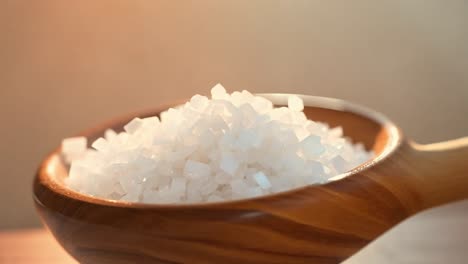 close-up of white salt in a wooden spoon