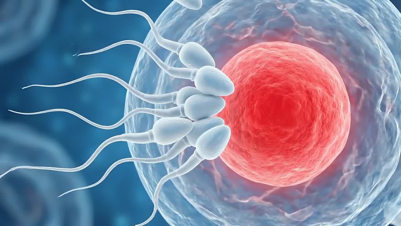 Ovulo singolo con nucleo rosso brillante e spermatozoi in avvicinamento, a dimostrazione del concetto di fecondazione e riproduzione umana.