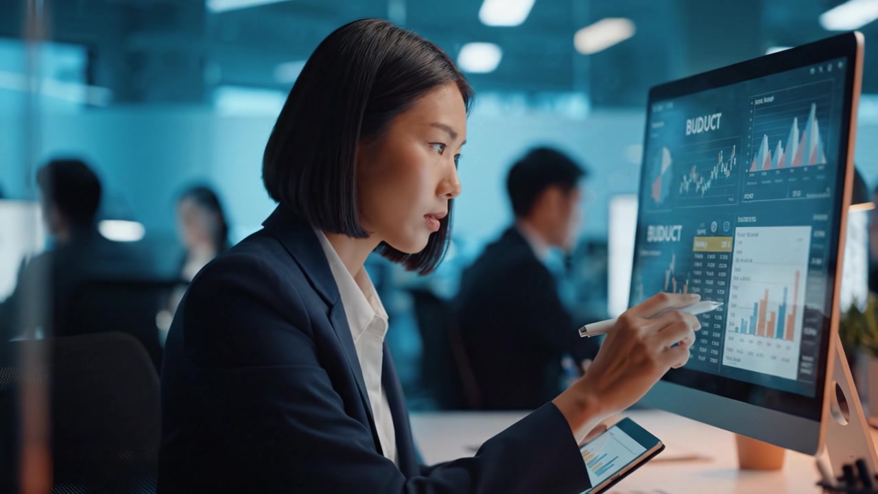 Professional Woman Analyzing Data on a Computer Screen in a Modern Office Environment, Focusing on Financial Trends and Team Collaboration