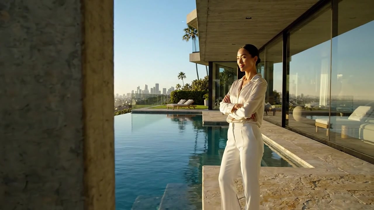 Una mujer se encuentra erguida junto a una piscina infinita, contemplando una impresionante vista al océano, con un bullicioso horizonte urbano de fondo durante la luz del amanecer.