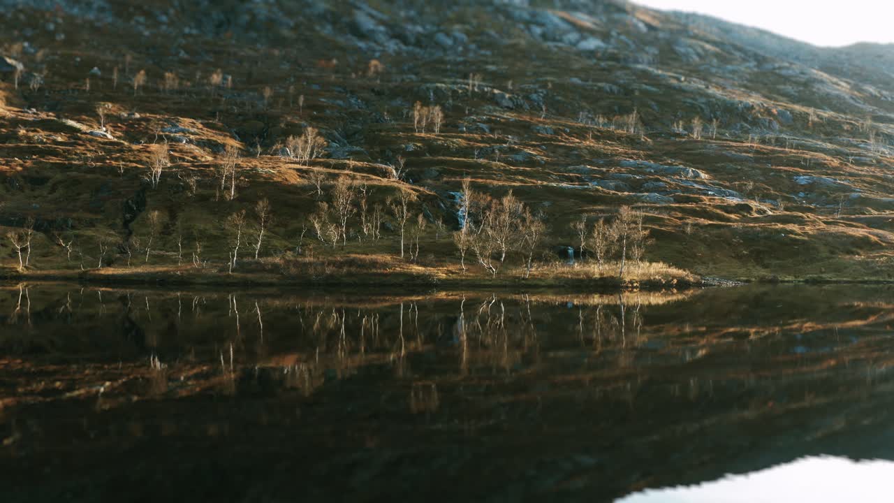 montaña cubierta de musgo y líquenes reflejada en la superficie espejada del lago