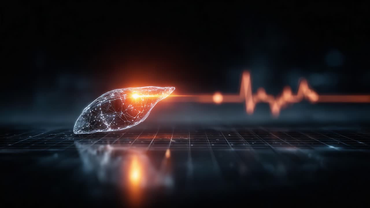 A Glowing Representation of a Digital Liver with Heartbeat Visualization in a High-Tech Environment, Demonstrating the Intersection of Medicine and Technology