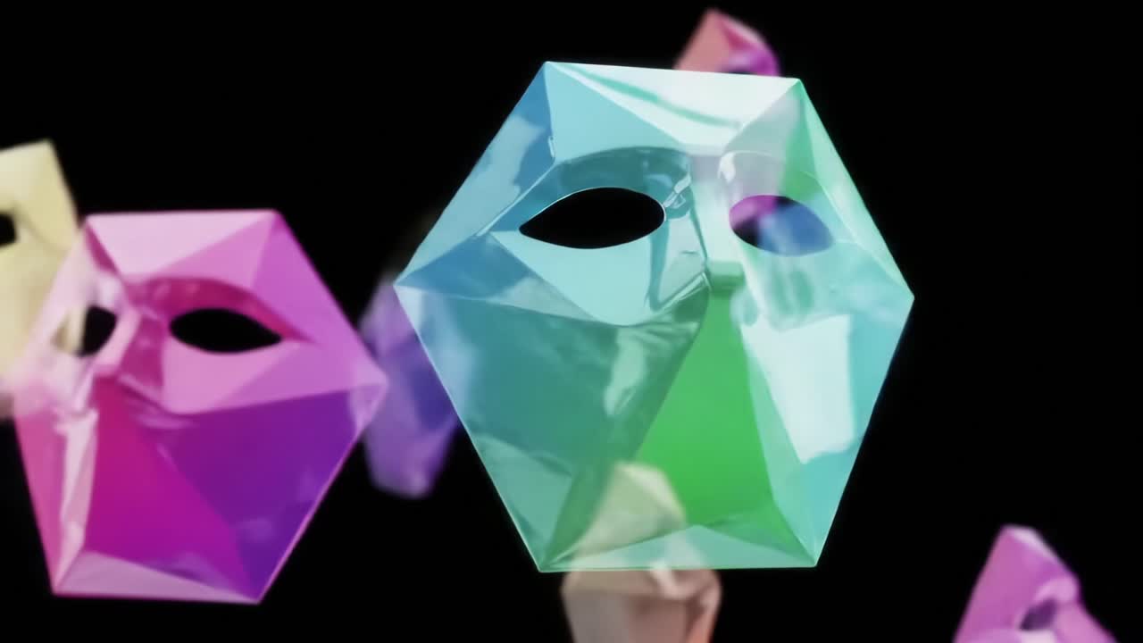 A mesmerizing display of transparent geometric masks in various pastel shades, floating against a dark backdrop, creating an ethereal and surreal atmosphere