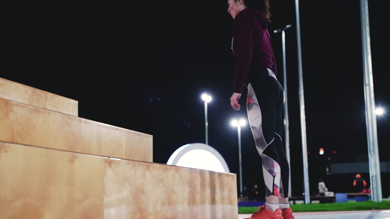 chica rizada deportiva haciendo saltos en cuclillas en las escaleras en el parque por la noche