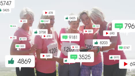 animation of social media notifications, over female runners looking at tablet on beach