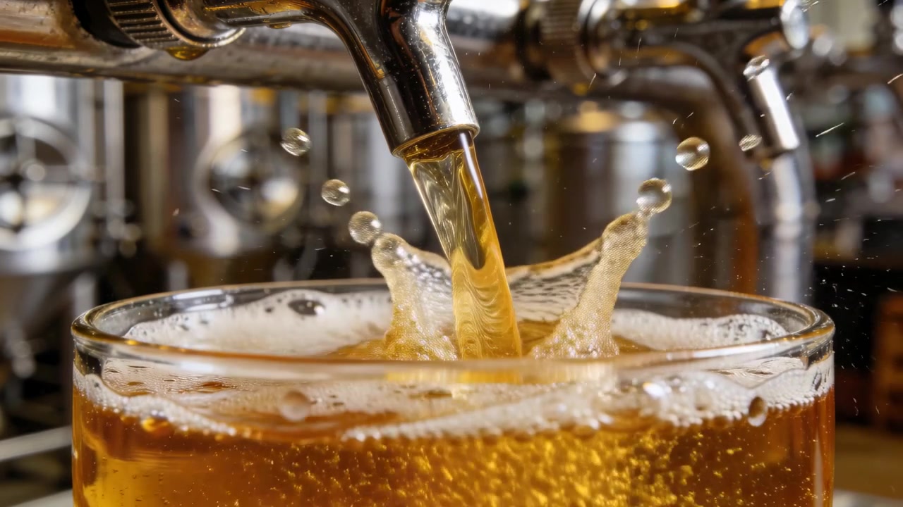 Apertura di un rubinetto che versa birra ambrata in un bicchiere da pinta trasparente sul bancone di un pub, creando uno schizzo a corona.