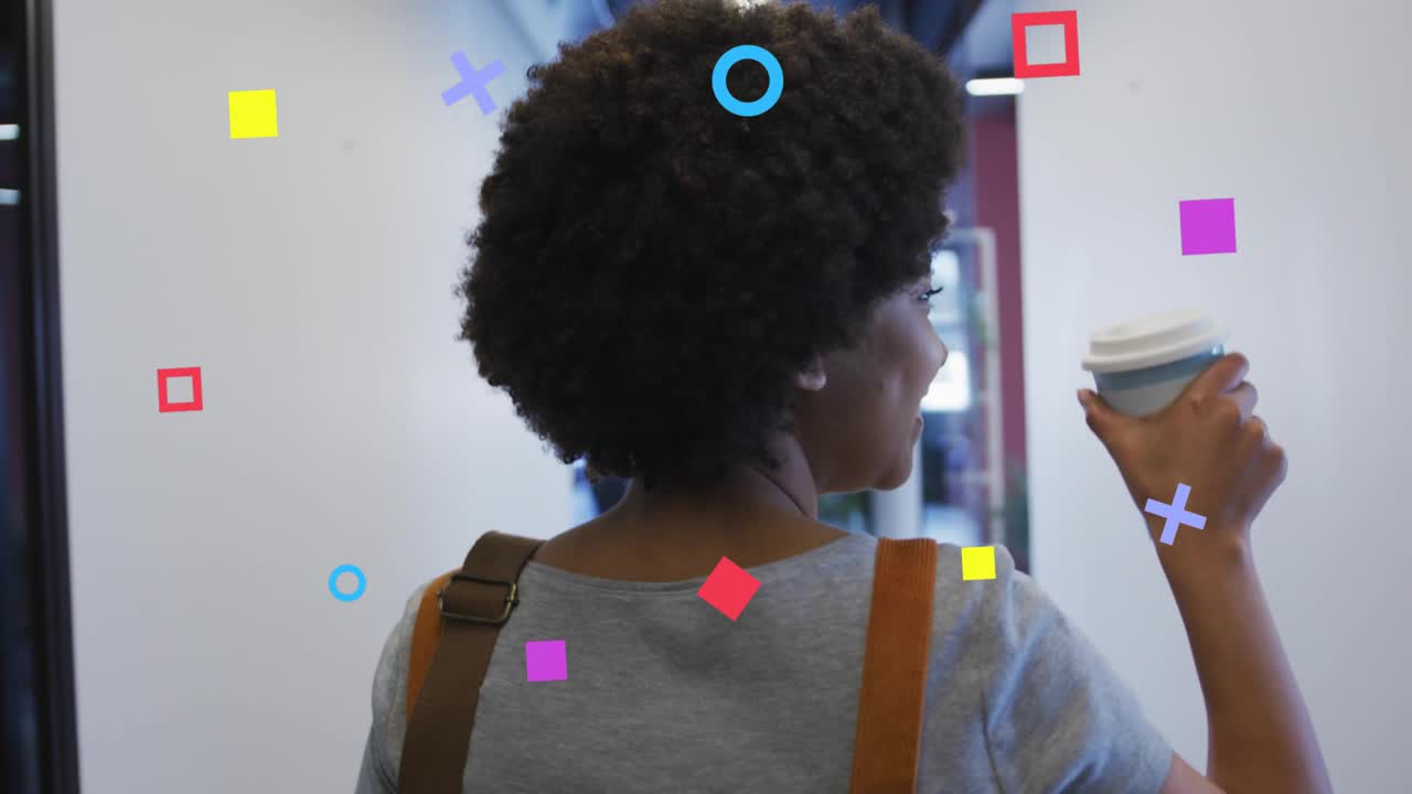 Woman pushing glass door walking tech hall as animated shapes pulsing fading around head for coffee
