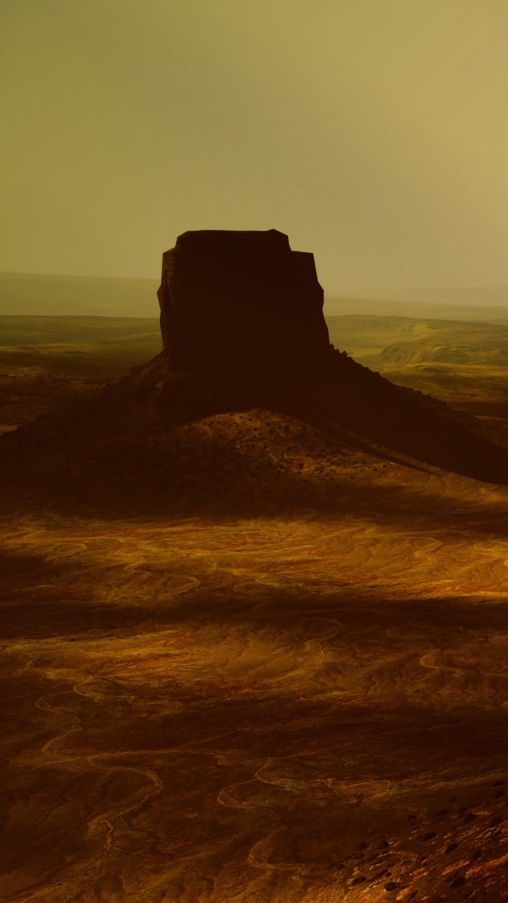 Sunset over distant plateau in a desert landscape with long shadows