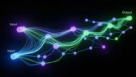visual representation of neural network architecture illustrating the flow of data from inputs to outputs with colorful connections and nodes