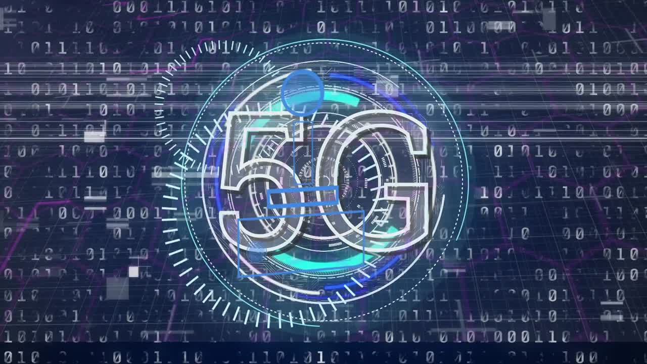 animazione di testo 5g e elaborazione dei dati su sfondo blu