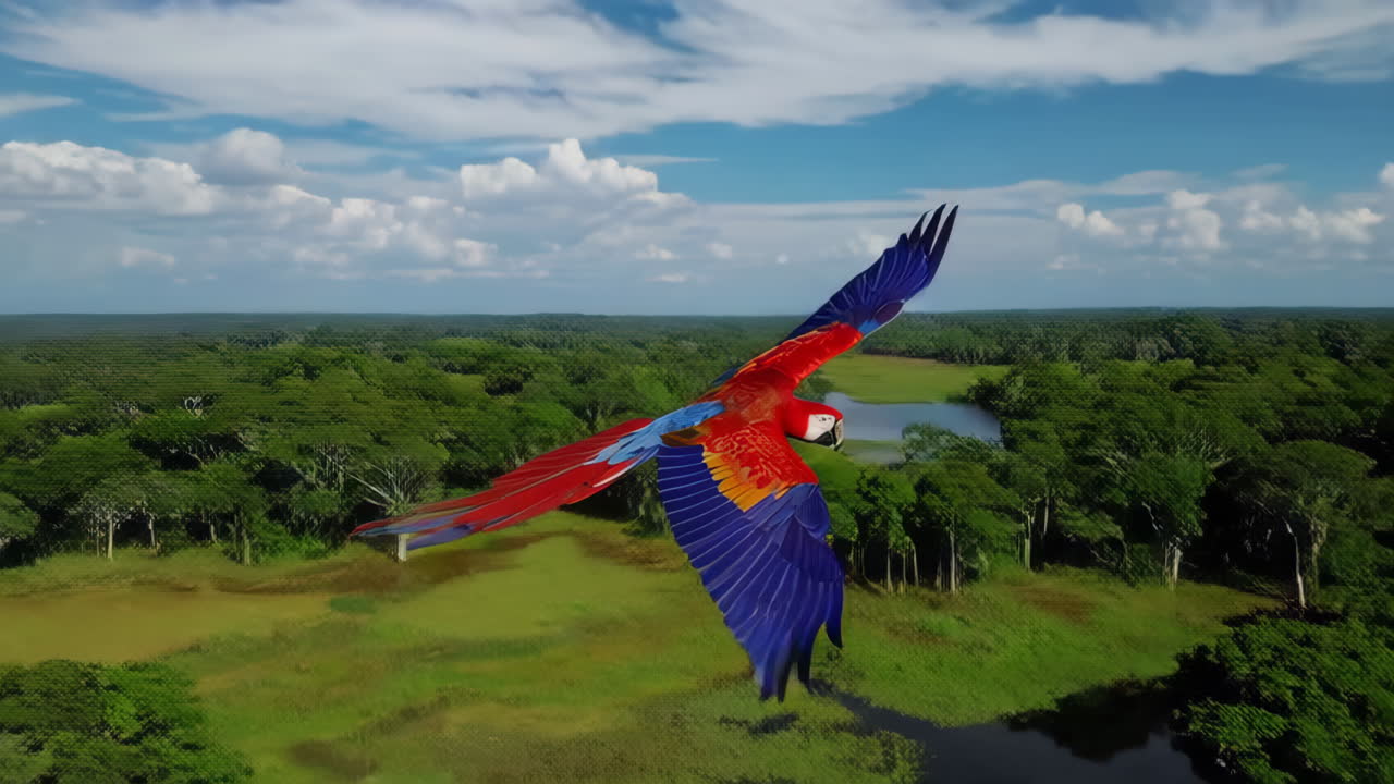 Ara volant au-dessus de la forêt amazonienne