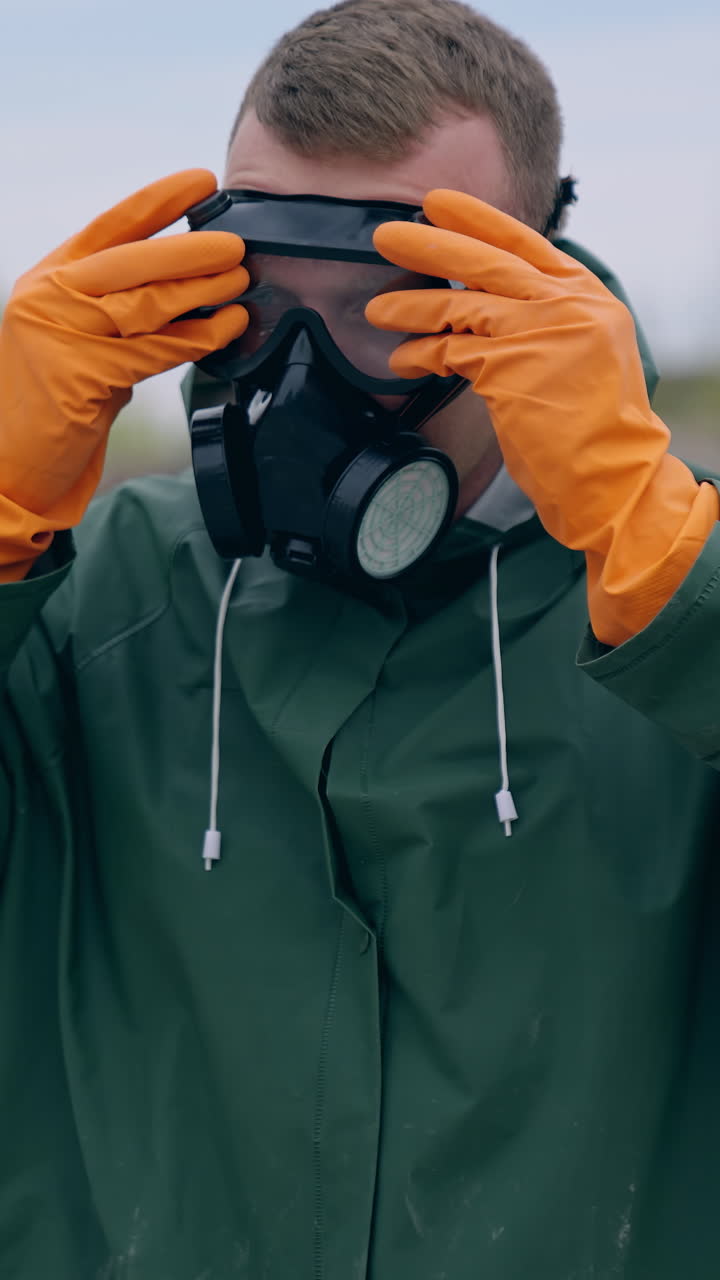 Man wearing green chemical suit and gas mask. Man in special radioactive uniform walking down. Vertical video