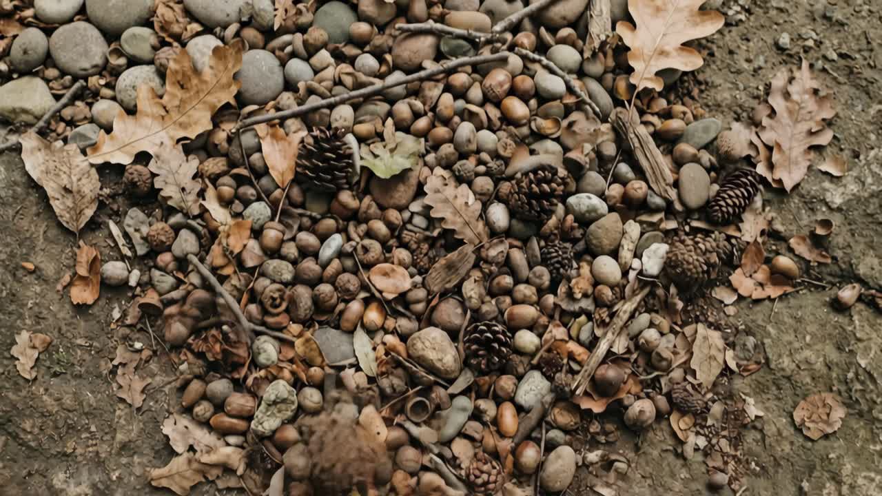 Ghiande autunnali, foglie di quercia e pigne che cadono sui ciottoli