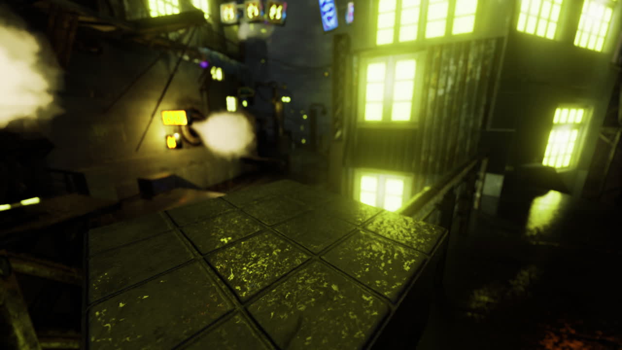 Cityscape at night with glowing windows and misty atmosphere