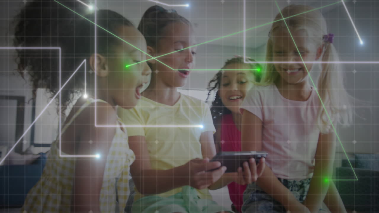 animación de una red brillante sobre escolares multirraciales usando una tableta en la hora del descanso
