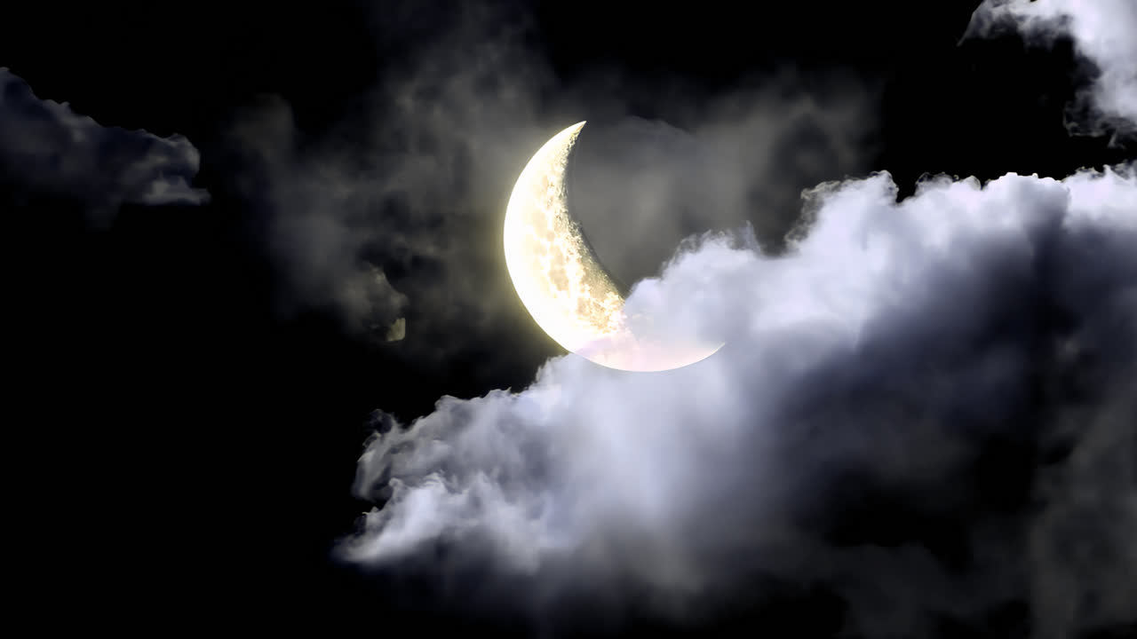 Crescent moon behind drifting clouds animated overlay, transparent 4K video, alpha channel, ProRes